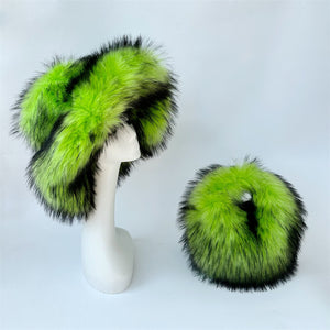 2 pcs fluffy fur handbag wide brim hat in lime green Alicefurs