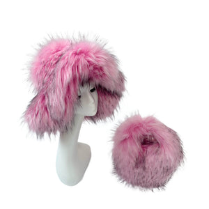 2 pcs fluffy fur handbag wide brim hat in pink Alicefurs