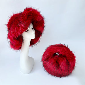 2 pcs fluffy fur handbag wide brim hat in red Alicefurs