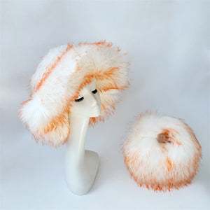 2 pcs fluffy fur handbag wide brim hat in white and orange Alicefurs