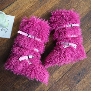 2025 mongolian fur boots with wrap buckle straps for women in fuchsia Alicefurs