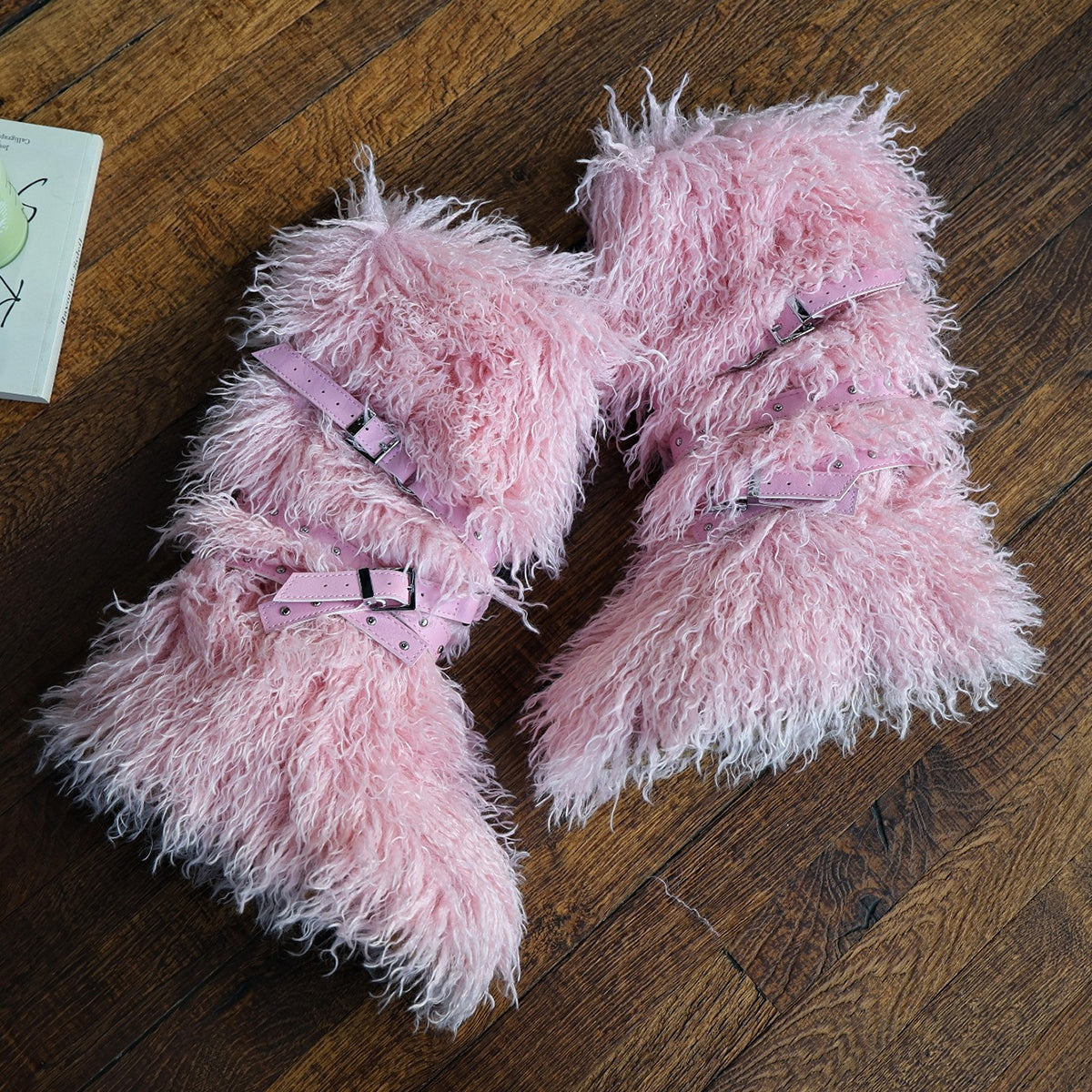 2025 mongolian fur boots with wrap buckle straps for women in pink 2 Alicefurs