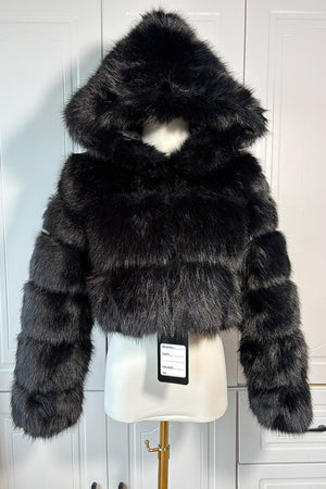 Cropped faux fur jacket hooded fluffy outwear for women in black 1 Alicefurs