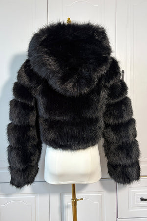 Cropped faux fur jacket hooded fluffy outwear for women in black 2 Alicefurs