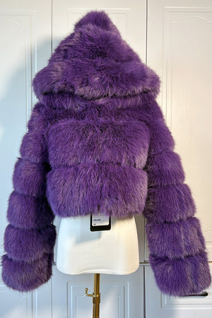 Cropped faux fur jacket hooded fluffy outwear for women in purple 3 Alicefurs