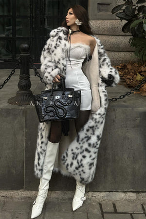 belted dalmatian coat long faux fur leopard outerwear for women in black and white 2 Alicefurs