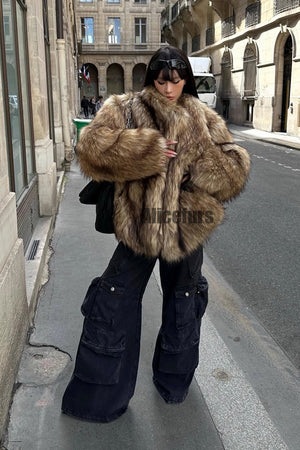 brown faux fur jacket winter fluffy oversized outerwear for women 5 Alicefurs