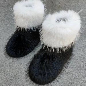 christmas faux fur boots flat santa colorblock ankle booties in black and white 1 Alicefurs