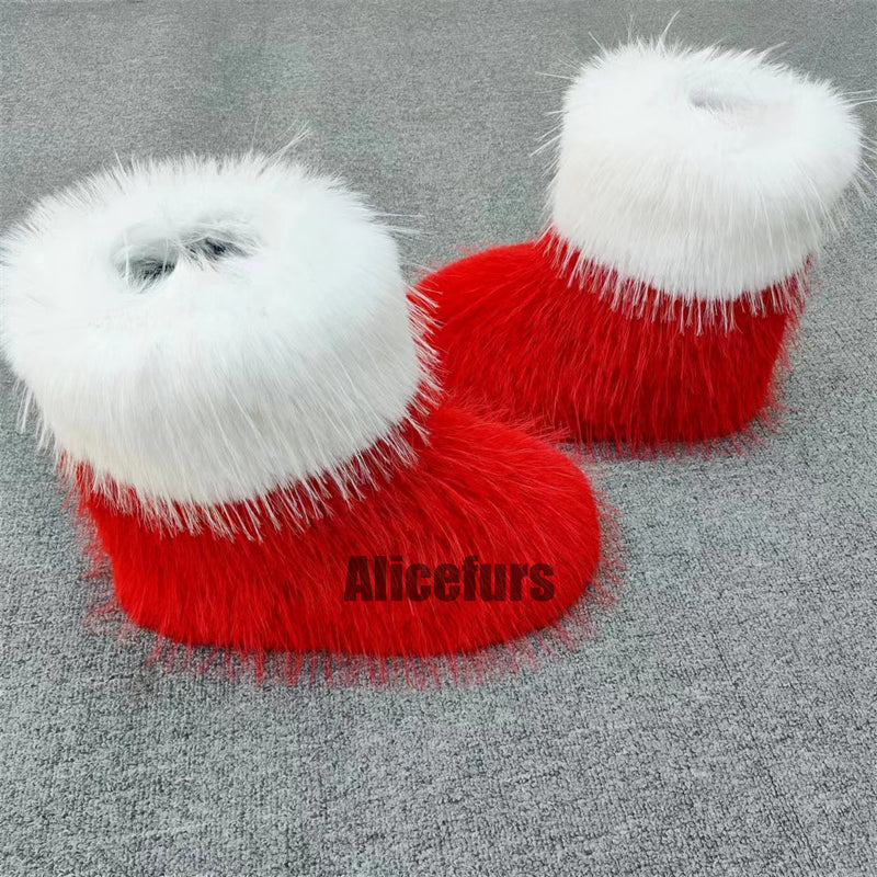 christmas faux fur boots flat santa colorblock ankle booties in red 1 Alicefurs