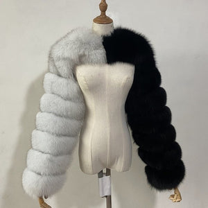colorblock fur sleeves winter furry shrugs for women in dusty white and black Alicefurs