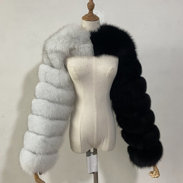 colorblock fur sleeves winter furry shrugs for women in dusty white and black Alicefurs
