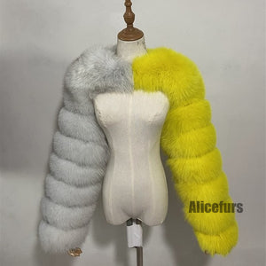 colorblock fur sleeves winter furry shrugs for women in dusty white and yellow Alicefurs