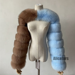 colorblock fur sleeves winter furry shrugs for women in khaki and blue Alicefurs