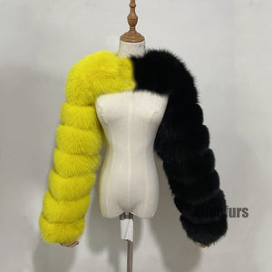 colorblock fur sleeves winter furry shrugs for women in yellow and black Alicefurs