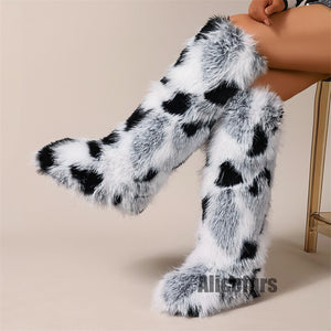 colorblock knee high fur boots for women in black and white 3 Alicefurs