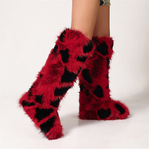 colorblock knee high fur boots for women in red and black Alicefurs