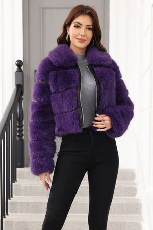 cropped faux fur coat womens zip up winter bubble jacket in purple 2 Alicefurs