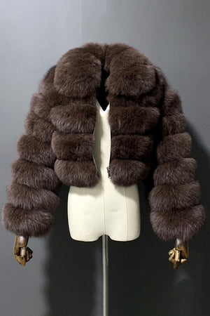 cropped faux fur jacket fluffy zip up bubble outerwear for women in chocolate brown 1 Alicefurs
