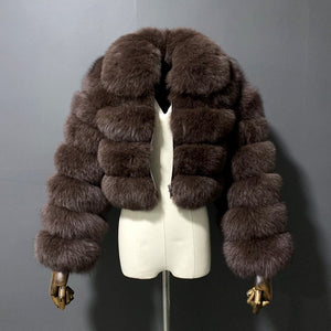 cropped faux fur jacket fluffy zip up bubble outerwear for women in chocolate brown Alicefurs