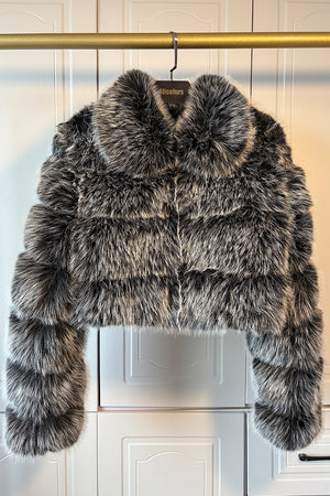 cropped faux fur jacket fluffy zip up bubble outerwear for women in silver gray 2 Alicefurs
