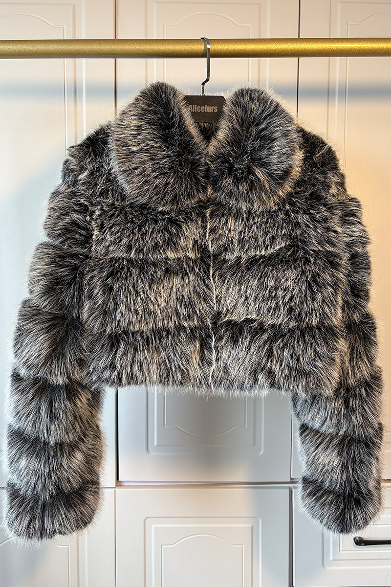cropped faux fur jacket fluffy zip up bubble outerwear for women in silver gray 2 Alicefurs