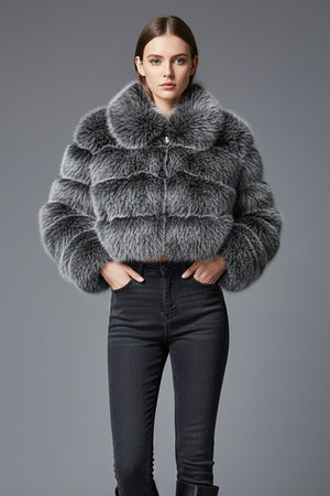 cropped faux fur jacket fluffy zip up bubble outerwear for women in silver gray 5 Alicefurs