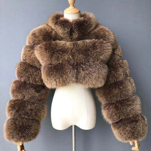 cropped faux fur jacket winter fluffy short outerwear for women in chocolate brown Alicefurs