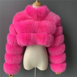 cropped faux fur jacket winter fluffy short outerwear for women in fuchsia Alicefurs