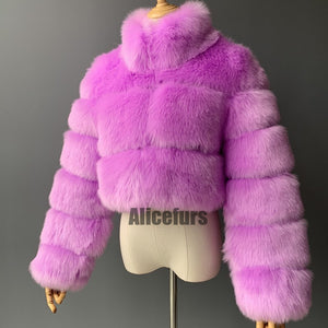 cropped faux fur jacket winter fluffy short outerwear for women in lilac 1 Alicefurs