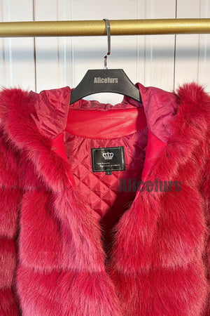 cropped faux fur jacket with hood winter furry coat for women in burgundy 2 Alicefurs