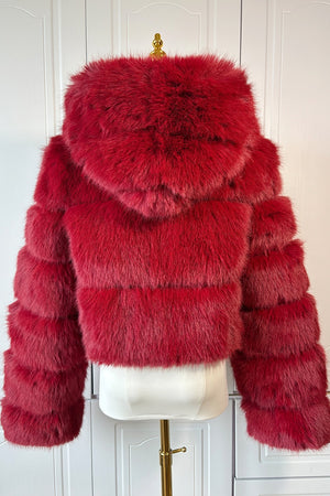 cropped faux fur jacket with hood winter furry coat for women in burgundy 6 Alicefurs