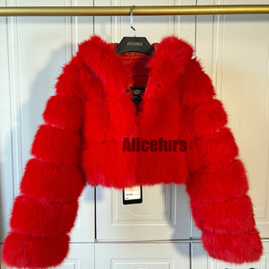 cropped faux fur jacket with hood winter furry coat for women in red 1 Alicefurs