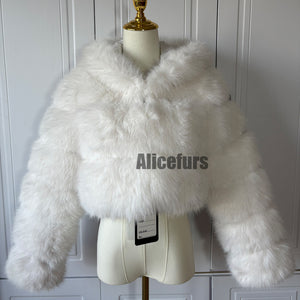 cropped faux fur jacket with hood winter furry coat for women in white 1 Alicefurs