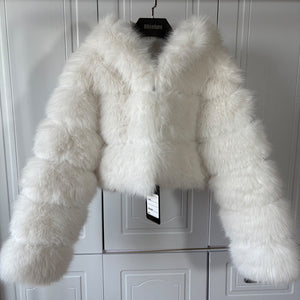 cropped faux fur jacket with hood winter furry coat for women in white Alicefurs