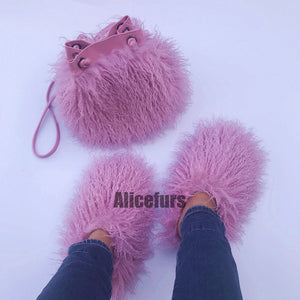 curly faux fur slippers with matching bucket bag in sunset purple Alicefurs