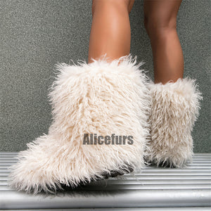 curly faux lamb fur boots for women in beige 3 Alicefurs