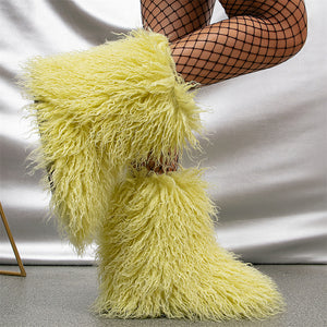 curly faux lamb fur boots for women in lime green Alicefurs