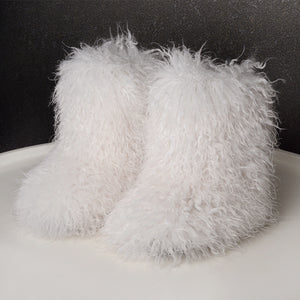 curly faux lamb fur boots for women in white Alicefurs