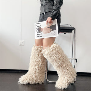 curly knee high fur boots for women in beige 6 Alicefurs