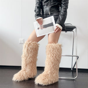 curly knee high fur boots for women in tan 9 Alicefurs