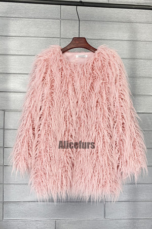 curly lamb fur jacket shaggy collarless fluffy coat for women in pink Alicefurs