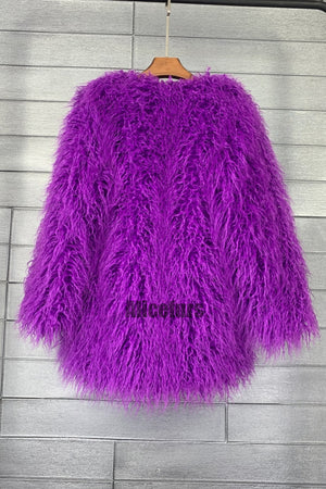 curly lamb fur jacket shaggy collarless fluffy coat for women in purple 1 Alicefurs
