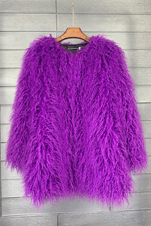 curly lamb fur jacket shaggy collarless fluffy coat for women in purple Alicefurs