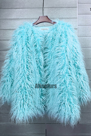 curly lamb fur jacket shaggy collarless fluffy coat for women in sky blue Alicefurs