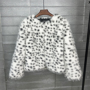 dalmatian faux fur jacket short collarless fuzzy outerwear for women 1 Alicefurs