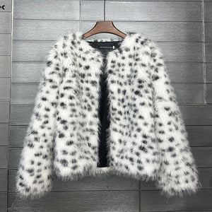 dalmatian faux fur jacket short collarless fuzzy outerwear for women Alicefurs
