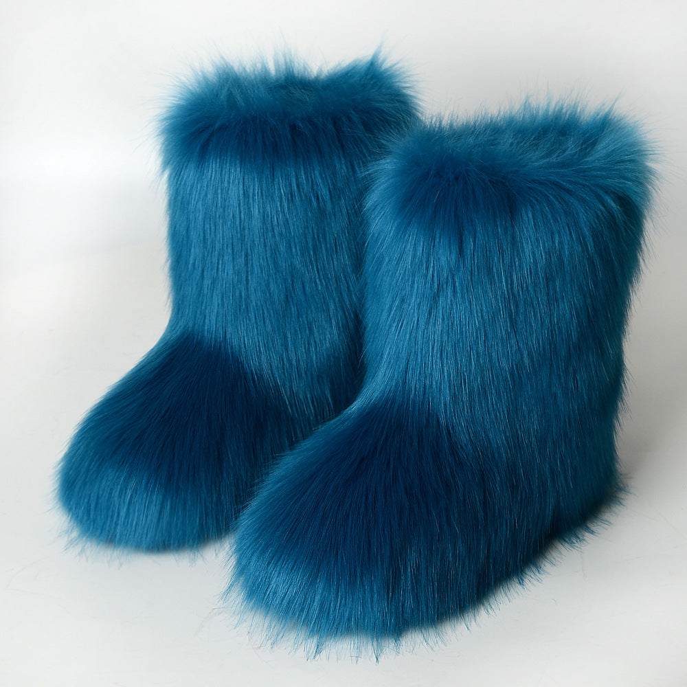 faux fox fur boots winter mid calf booties for women in turquoise Alicefurs