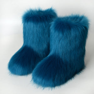 faux fox fur boots winter mid calf booties for women in turquoise Alicefurs