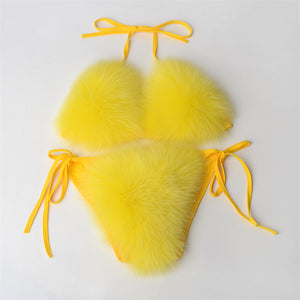 faux fur bikinis fuzzy swimwear for women in yellow Alicefurs