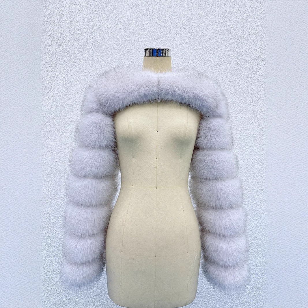 faux fur bolero fluffy long sleeves shrug for women in dusty white Alicefurs